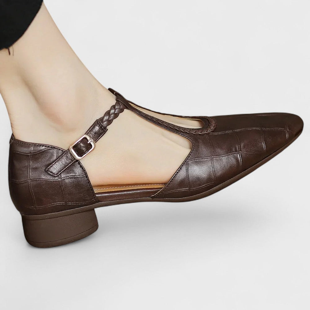Verdine | Women's Orthopedic T-Bar Leather Flat Shoes - Dark Brown - Image 2
