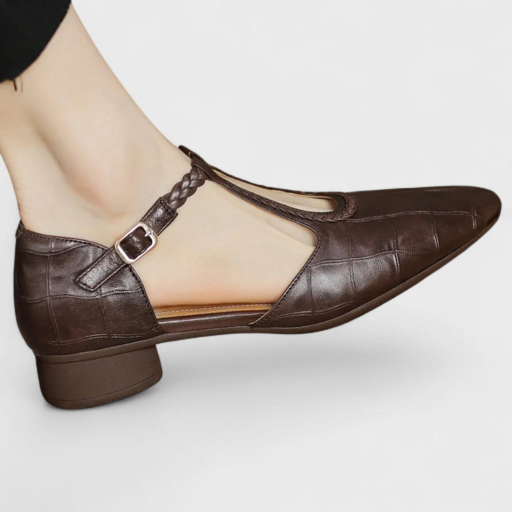 Verdine | Women's Orthopedic T-Bar Leather Flat Shoes - Dark Brown - Image 2