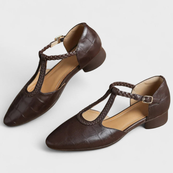 Verdine | Women's Orthopedic T-Bar Leather Flat Shoes - Dark Brown - Image 3