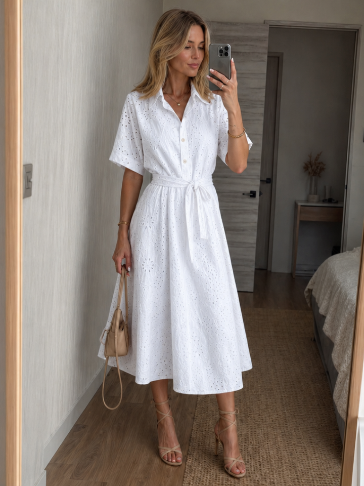 Verity | Women's White Eyelet Midi Shirt Dress - White - Image 1