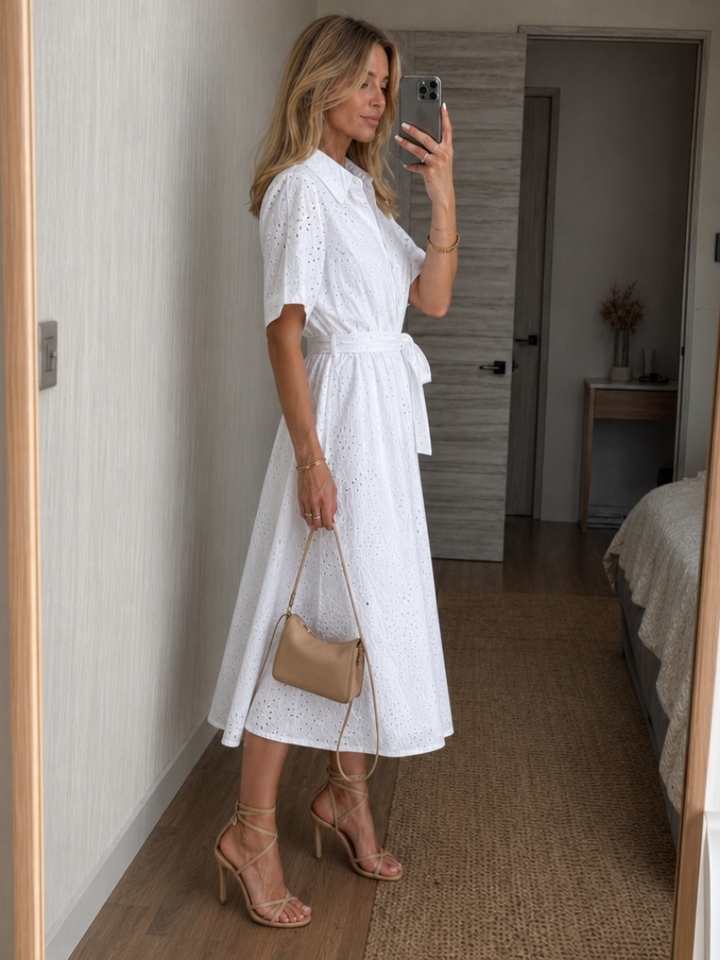 Verity | Women's White Eyelet Midi Shirt Dress - White - Image 2