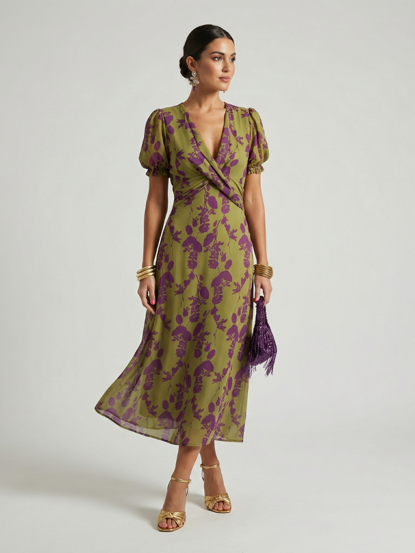 Vervaine | Women's Floral Midi Wrap Dress - Olive Green - Image 1