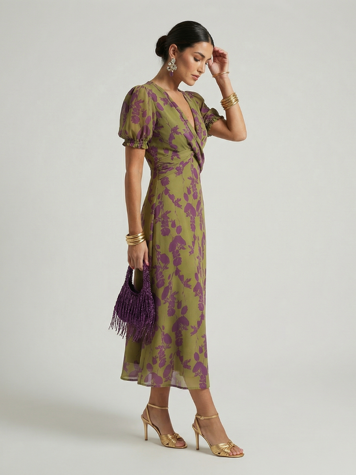 Vervaine | Women's Floral Midi Wrap Dress - Olive Green - Image 2