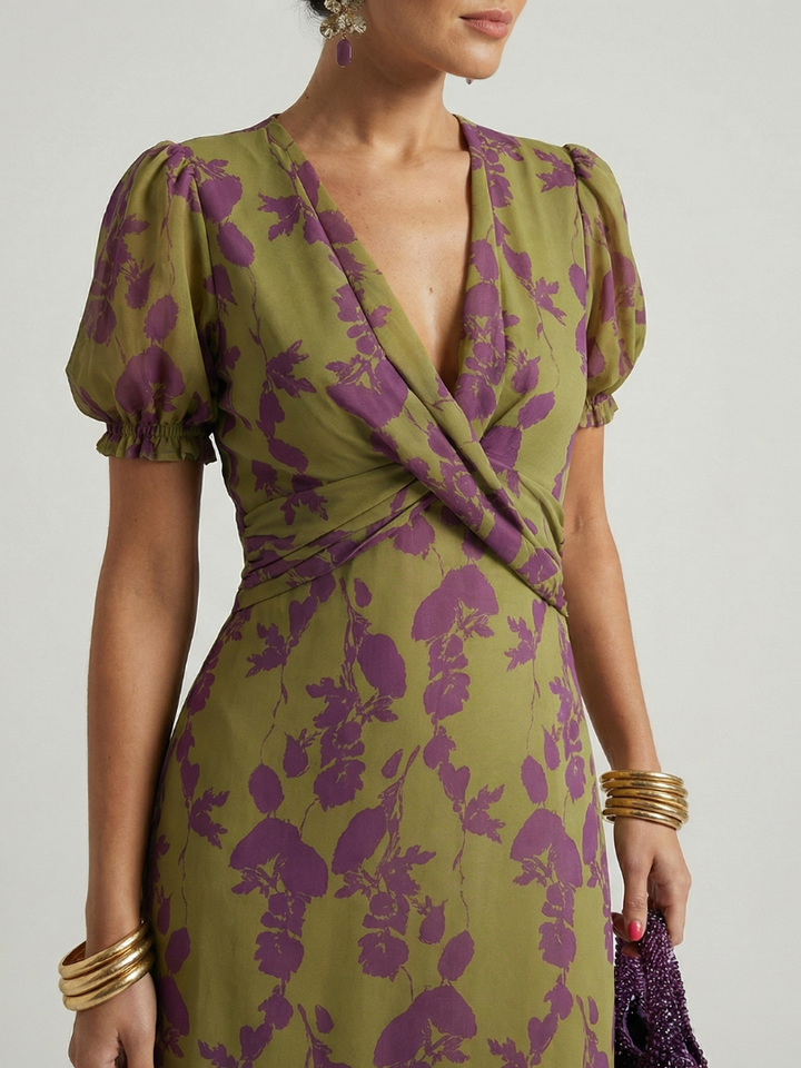 Vervaine | Women's Floral Midi Wrap Dress - Olive Green - Image 3