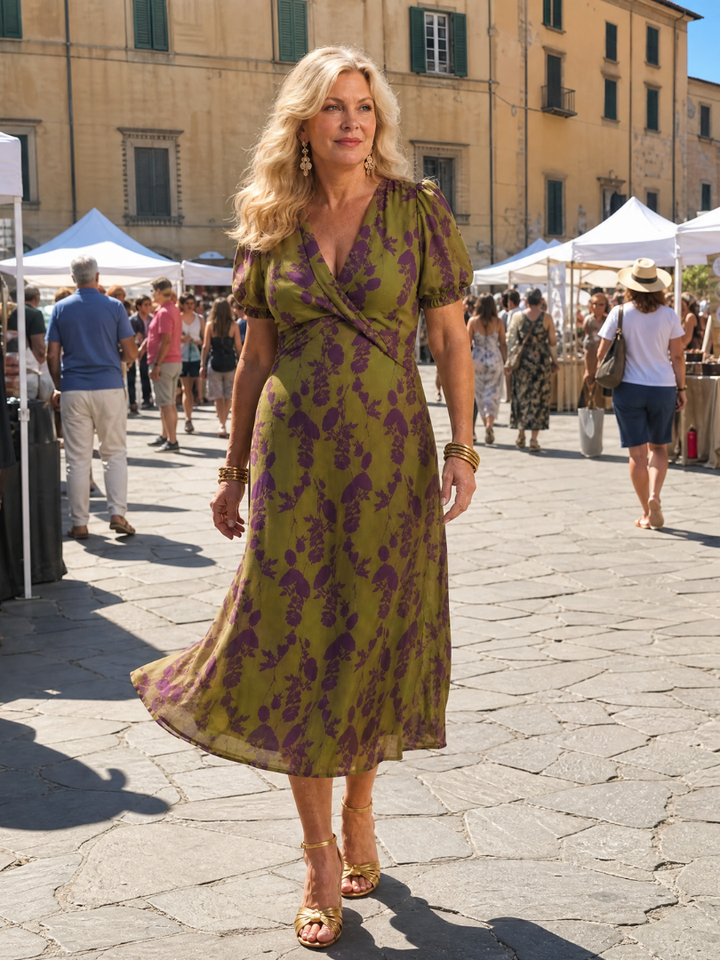 Vervaine | Women's Floral Midi Wrap Dress - Olive Green - Image 8