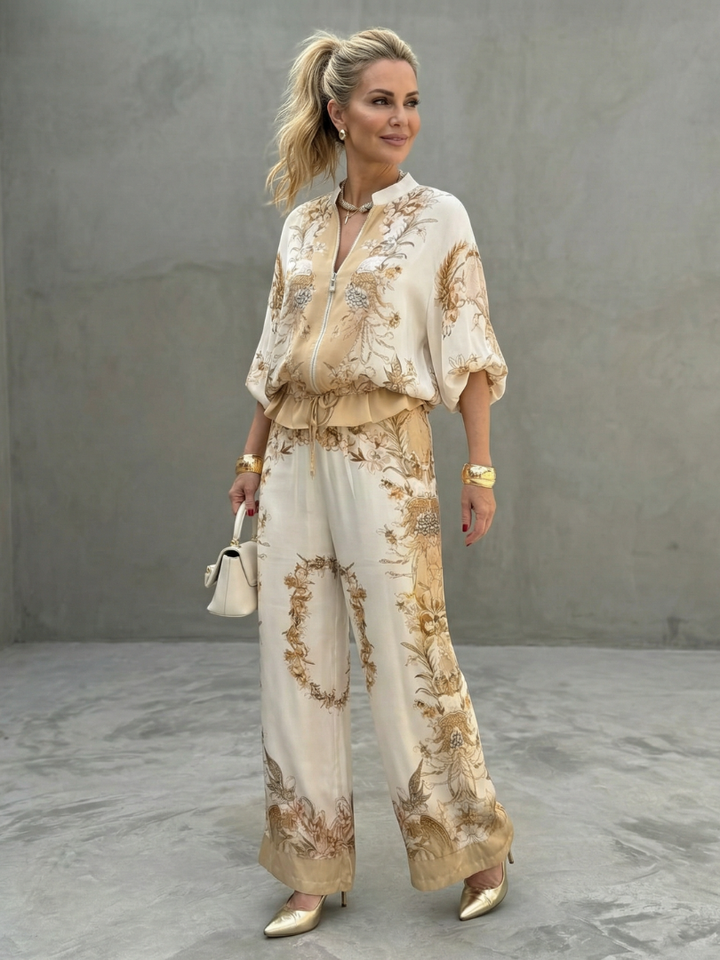 Vespera | Women's Floral Print Wide Leg Two Piece Set - Cream - Image 1