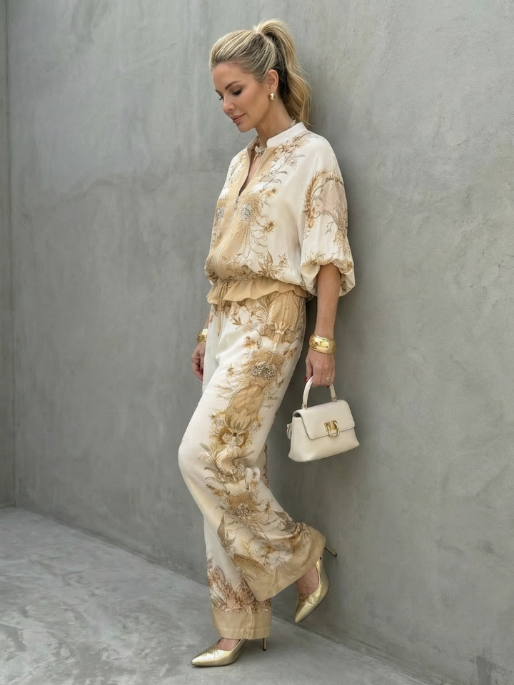 Vespera | Women's Floral Print Wide Leg Two Piece Set - Cream - Image 2
