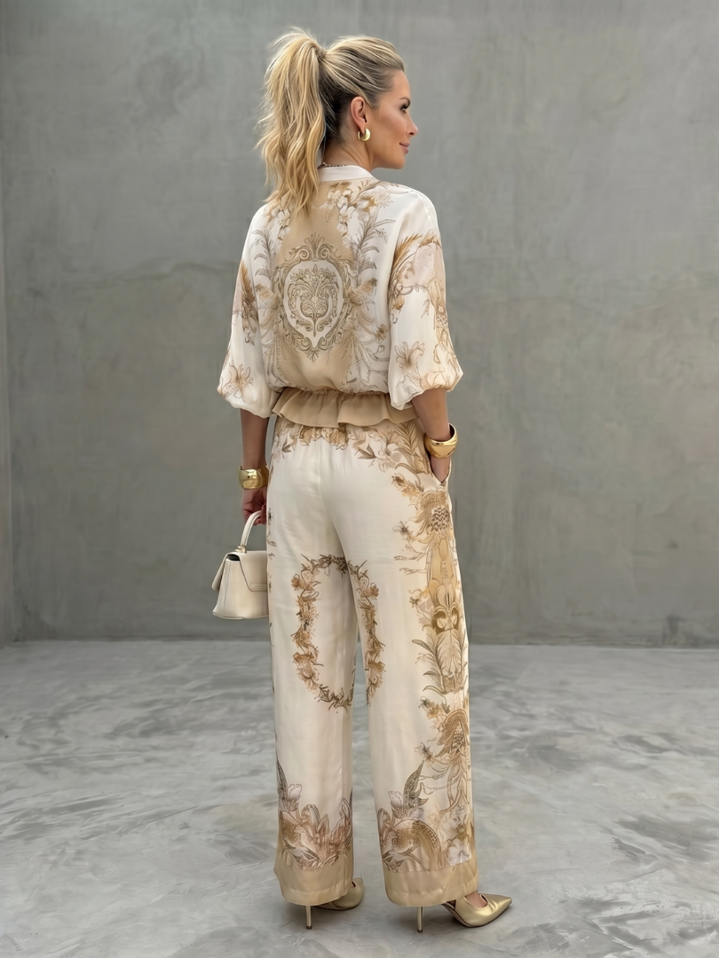 Vespera | Women's Floral Print Wide Leg Two Piece Set - Cream - Image 4