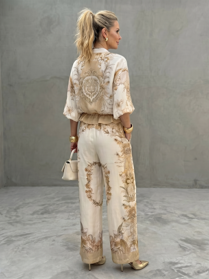Vespera | Women's Floral Print Wide Leg Two Piece Set - Cream - Image 4