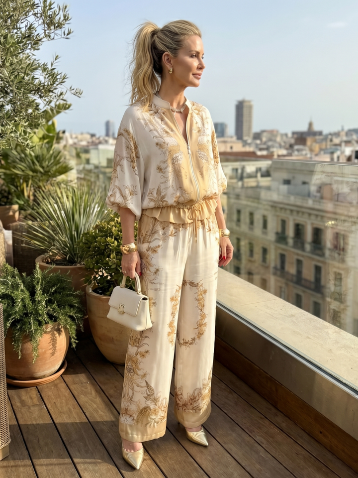 Vespera | Women's Floral Print Wide Leg Two Piece Set - Cream - Image 5