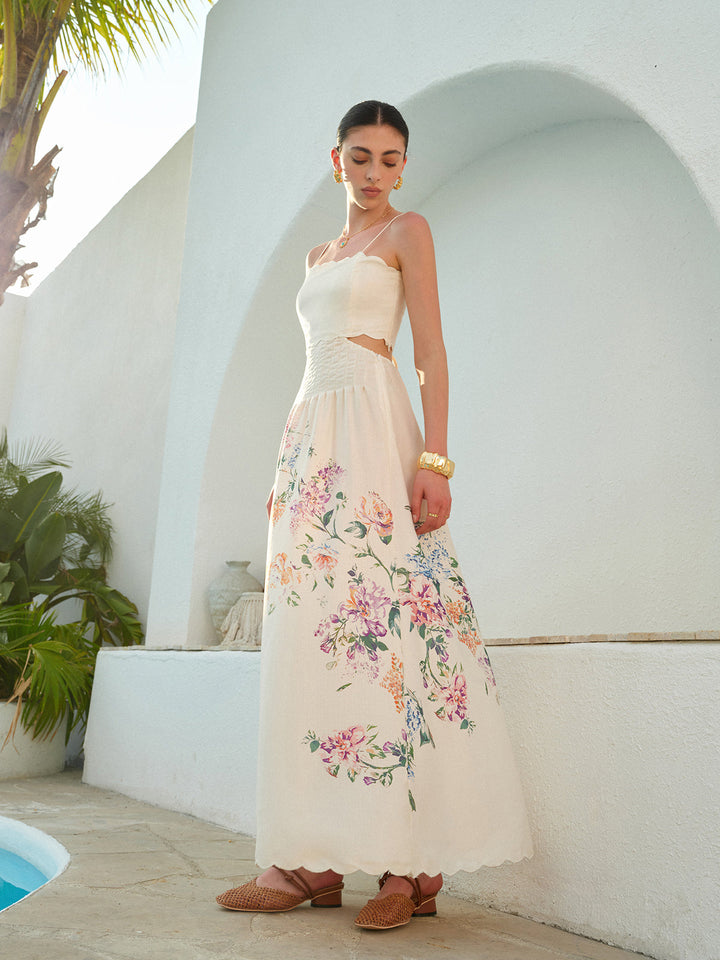 Vespine | Women's Floral Print Cut-Out Maxi Dress - Cream - Image 1