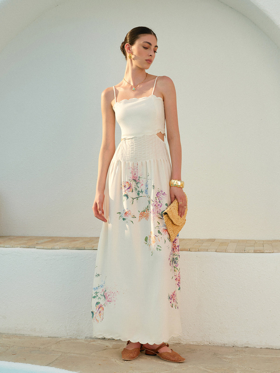 Vespine | Women's Floral Print Cut-Out Maxi Dress - Cream - Image 3