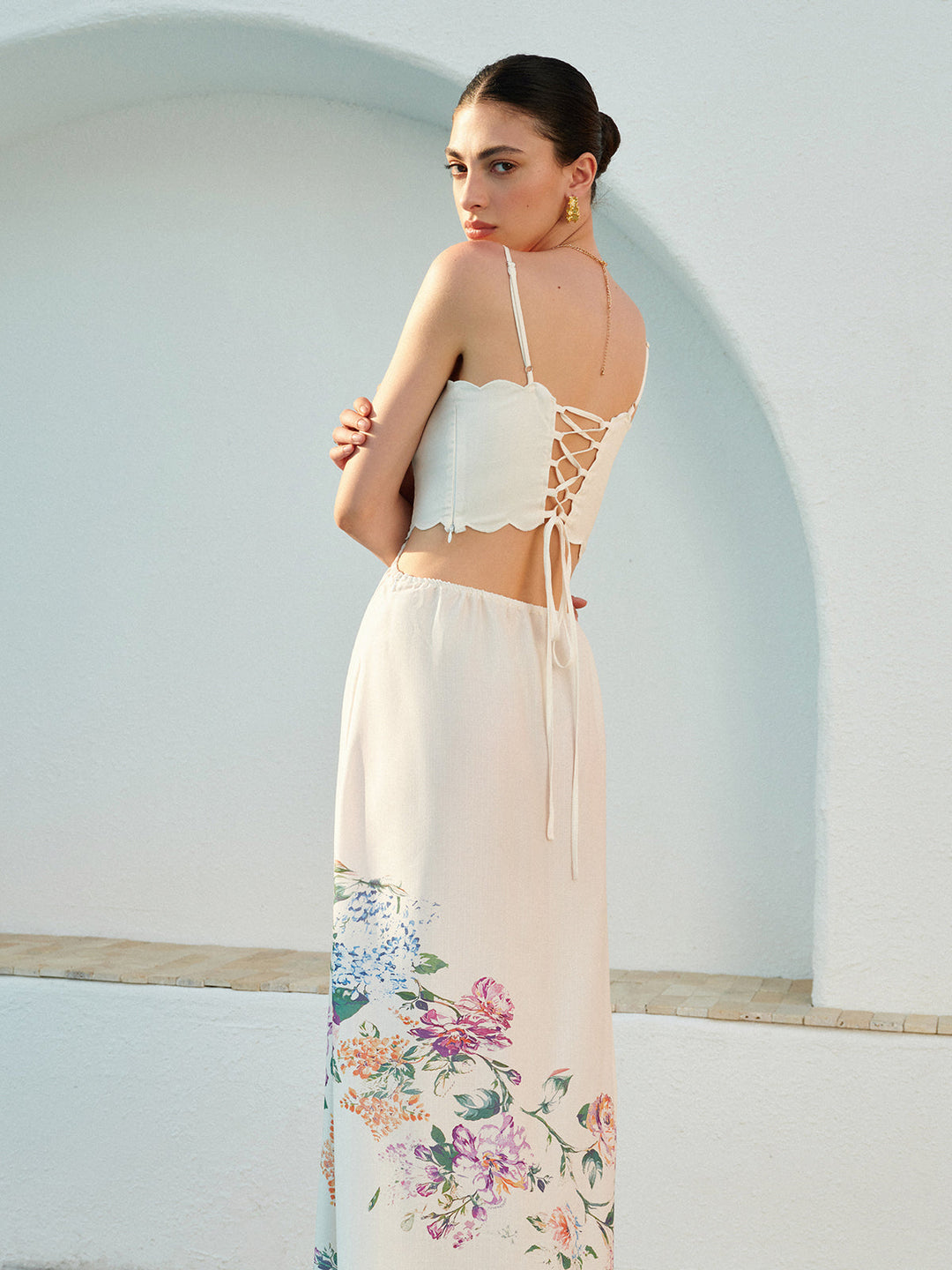 Vespine | Women's Floral Print Cut-Out Maxi Dress - Cream - Image 7