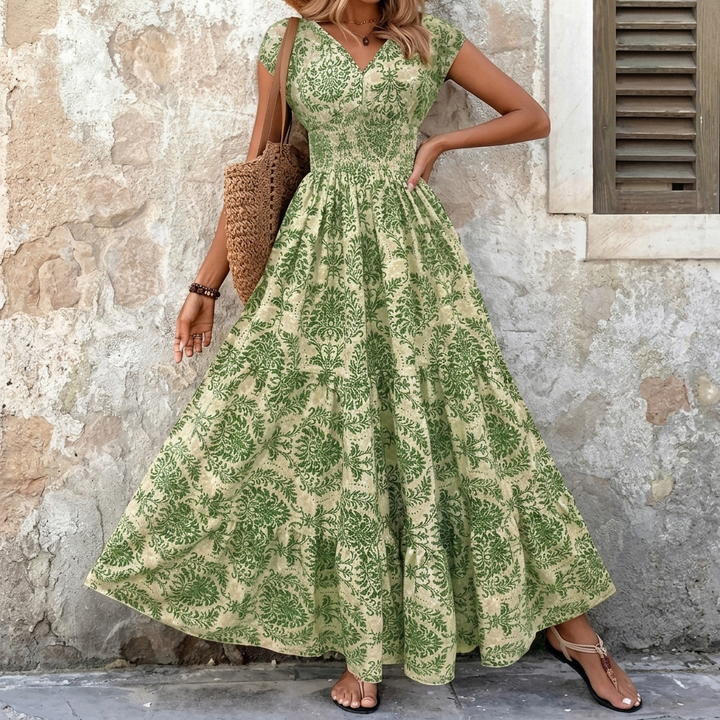Vevaine | Women's Floral Print Smocked Maxi Dress - Green - Image 1