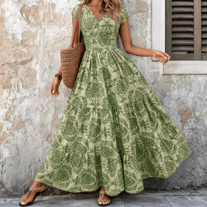 Vevaine | Women's Floral Print Smocked Maxi Dress - Green - Image 11