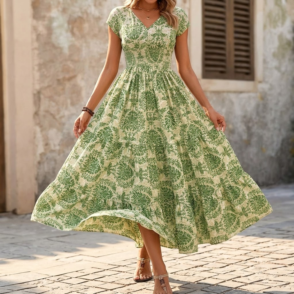 Vevaine | Women's Floral Print Smocked Maxi Dress - Green - Image 2