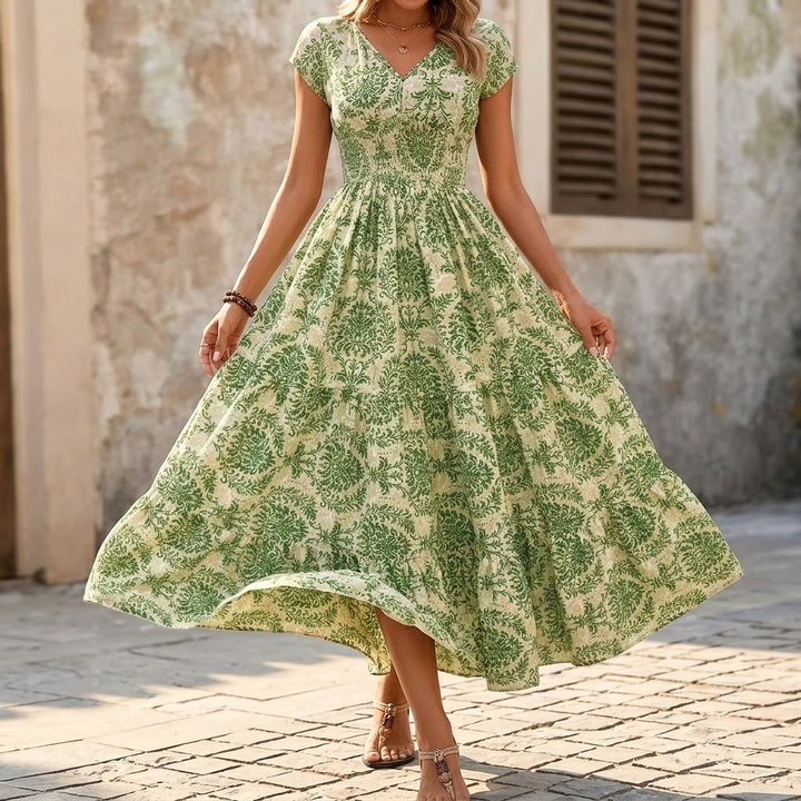 Vevaine | Women's Floral Print Smocked Maxi Dress - Green - Image 2