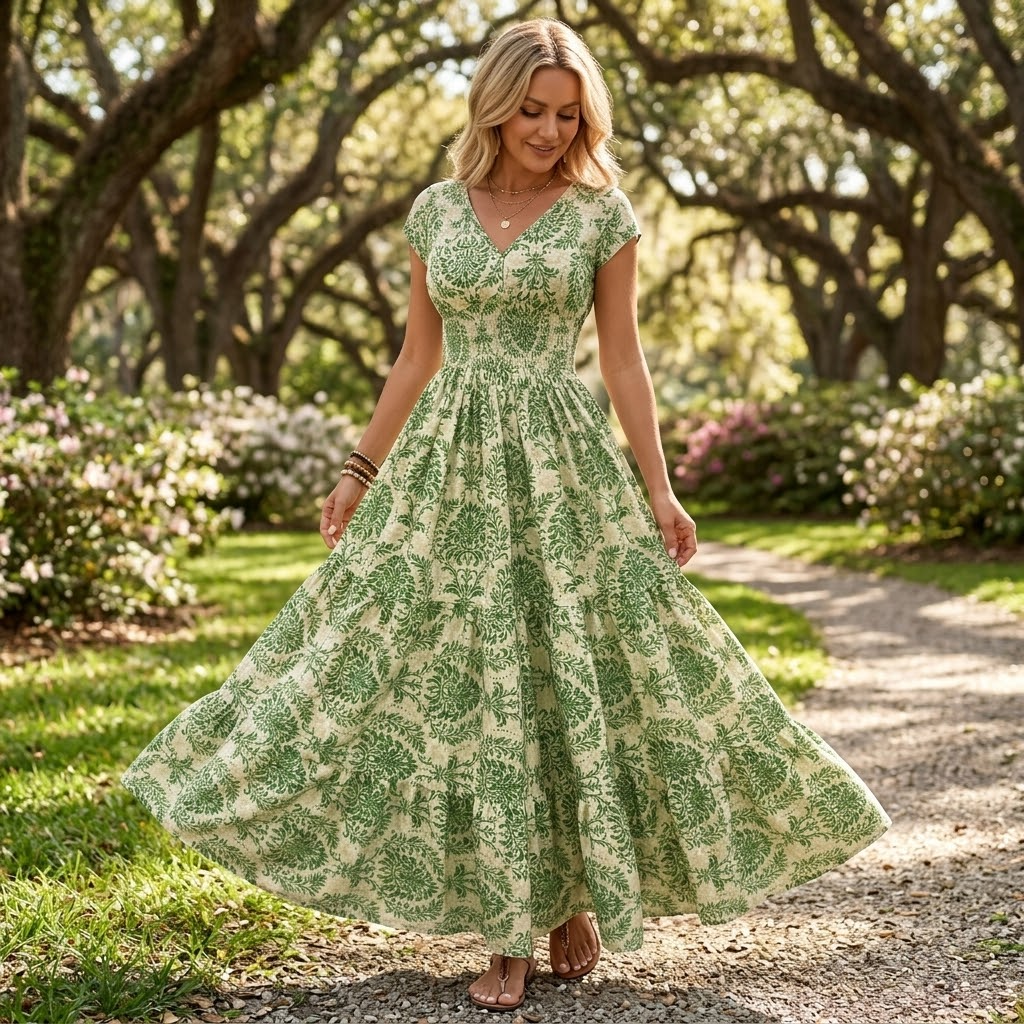 Vevaine | Women's Floral Print Smocked Maxi Dress - Green - Image 3