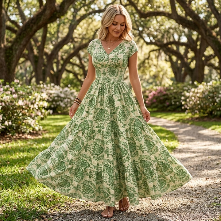 Vevaine | Women's Floral Print Smocked Maxi Dress - Green - Image 3