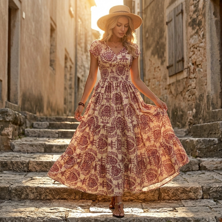 Vevaine | Women's Floral Print Smocked Maxi Dress - Green - Image 6