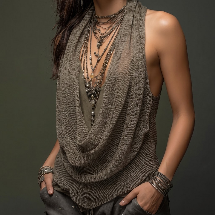 Vexara | Women's Cowl Neck Draped Knit Halter Top - Taupe - Image 1
