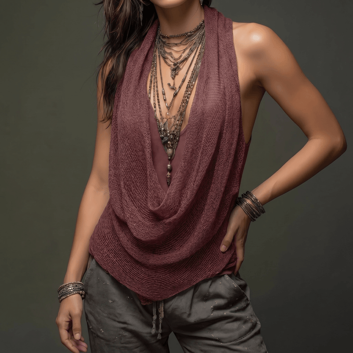 Vexara | Women's Cowl Neck Draped Knit Halter Top - Taupe - Image 13