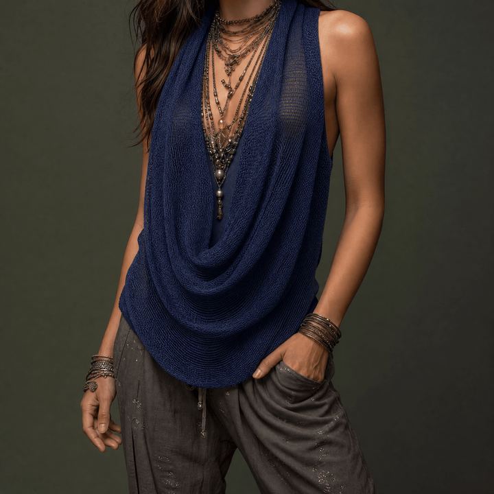 Vexara | Women's Cowl Neck Draped Knit Halter Top - Taupe - Image 14