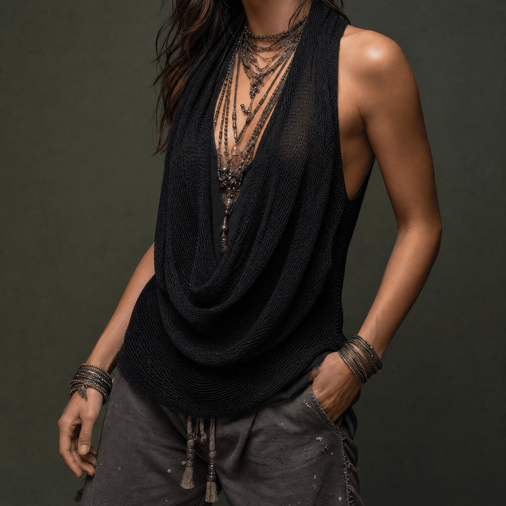 Vexara | Women's Cowl Neck Draped Knit Halter Top - Taupe - Image 15