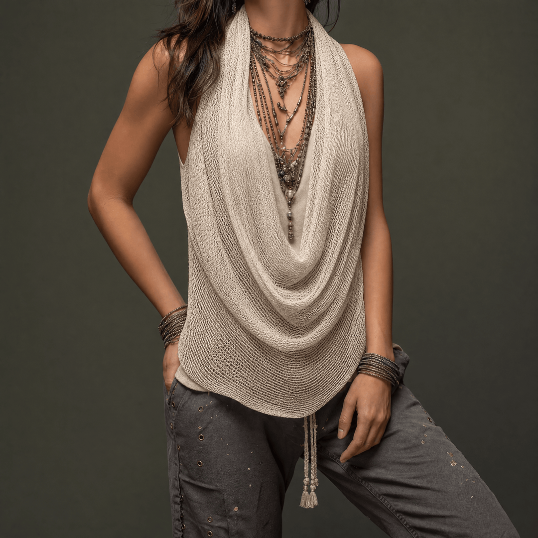 Vexara | Women's Cowl Neck Draped Knit Halter Top - Taupe - Image 17