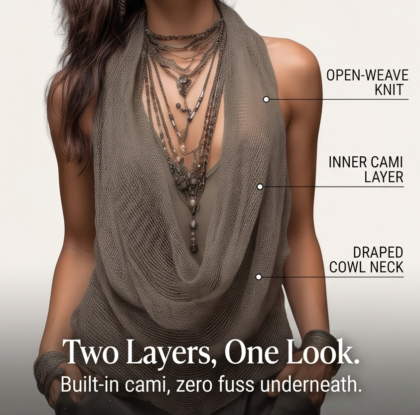 Vexara | Women's Cowl Neck Draped Knit Halter Top - Taupe - Image 5