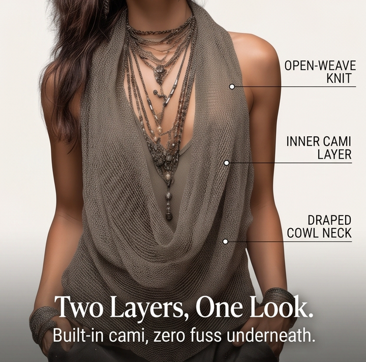 Vexara | Women's Cowl Neck Draped Knit Halter Top - Taupe - Image 5