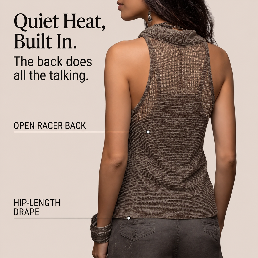 Vexara | Women's Cowl Neck Draped Knit Halter Top - Taupe - Image 6