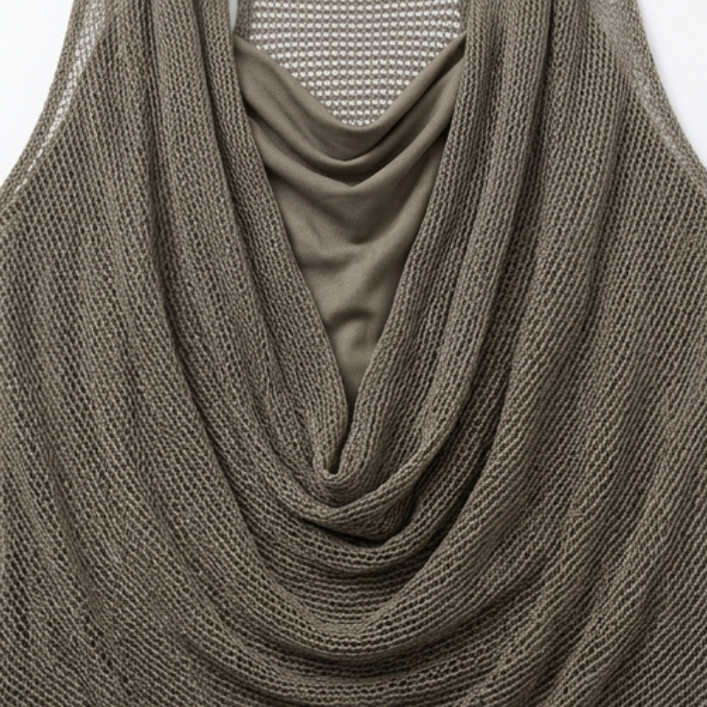 Vexara | Women's Cowl Neck Draped Knit Halter Top - Taupe - Image 9