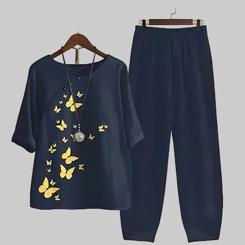 Violeta | Women's Butterfly Print Short Sleeve Lounge Set - Navy - Image 1