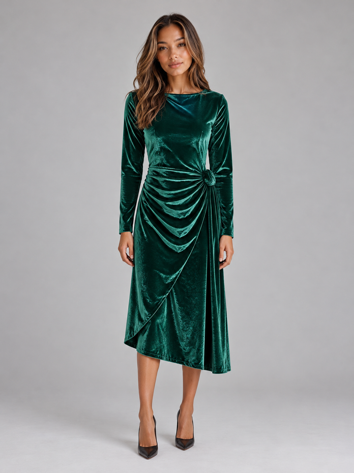 Vordaela | Women's Velvet Midi Dress Long Sleeve - Dark Green - Image 1
