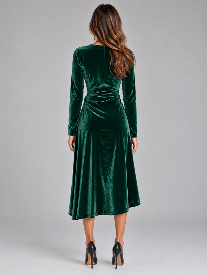 Vordaela | Women's Velvet Midi Dress Long Sleeve - Dark Green - Image 2