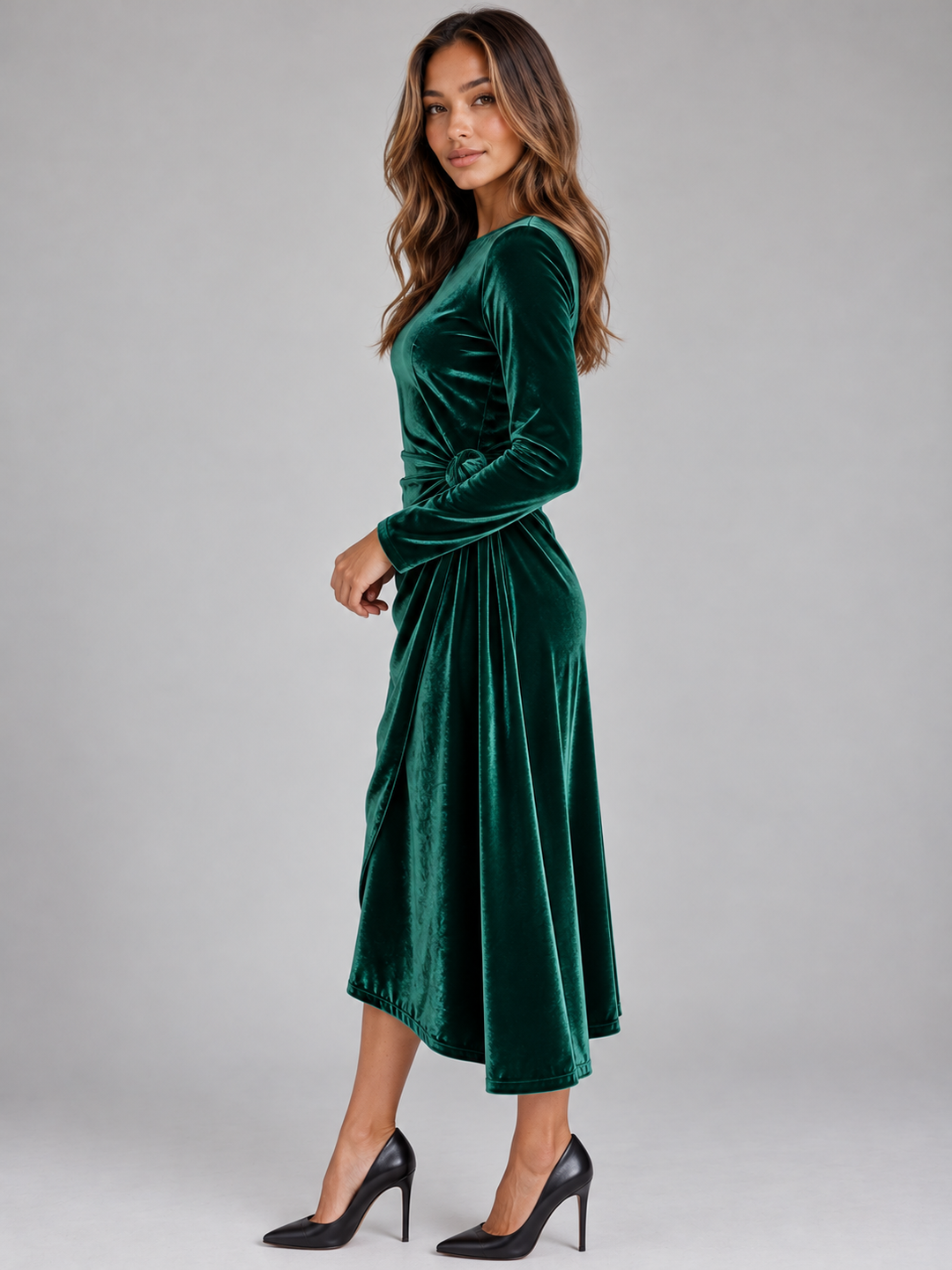 Vordaela | Women's Velvet Midi Dress Long Sleeve - Dark Green - Image 3