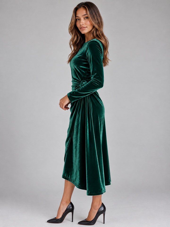 Vordaela | Women's Velvet Midi Dress Long Sleeve - Dark Green - Image 3