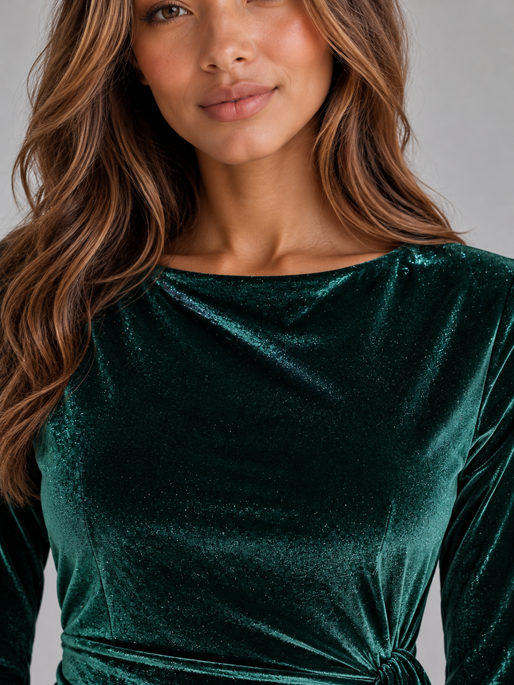Vordaela | Women's Velvet Midi Dress Long Sleeve - Dark Green - Image 4