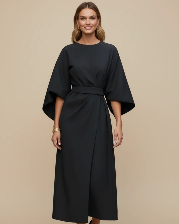 Vordaine | Women's Midi Dress Wide Sleeve Belted - Black - Image 1