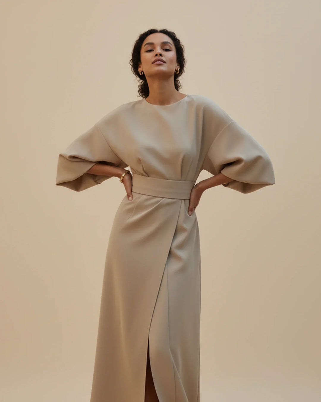 Vordaine | Women's Midi Dress Wide Sleeve Belted - Black - Image 11