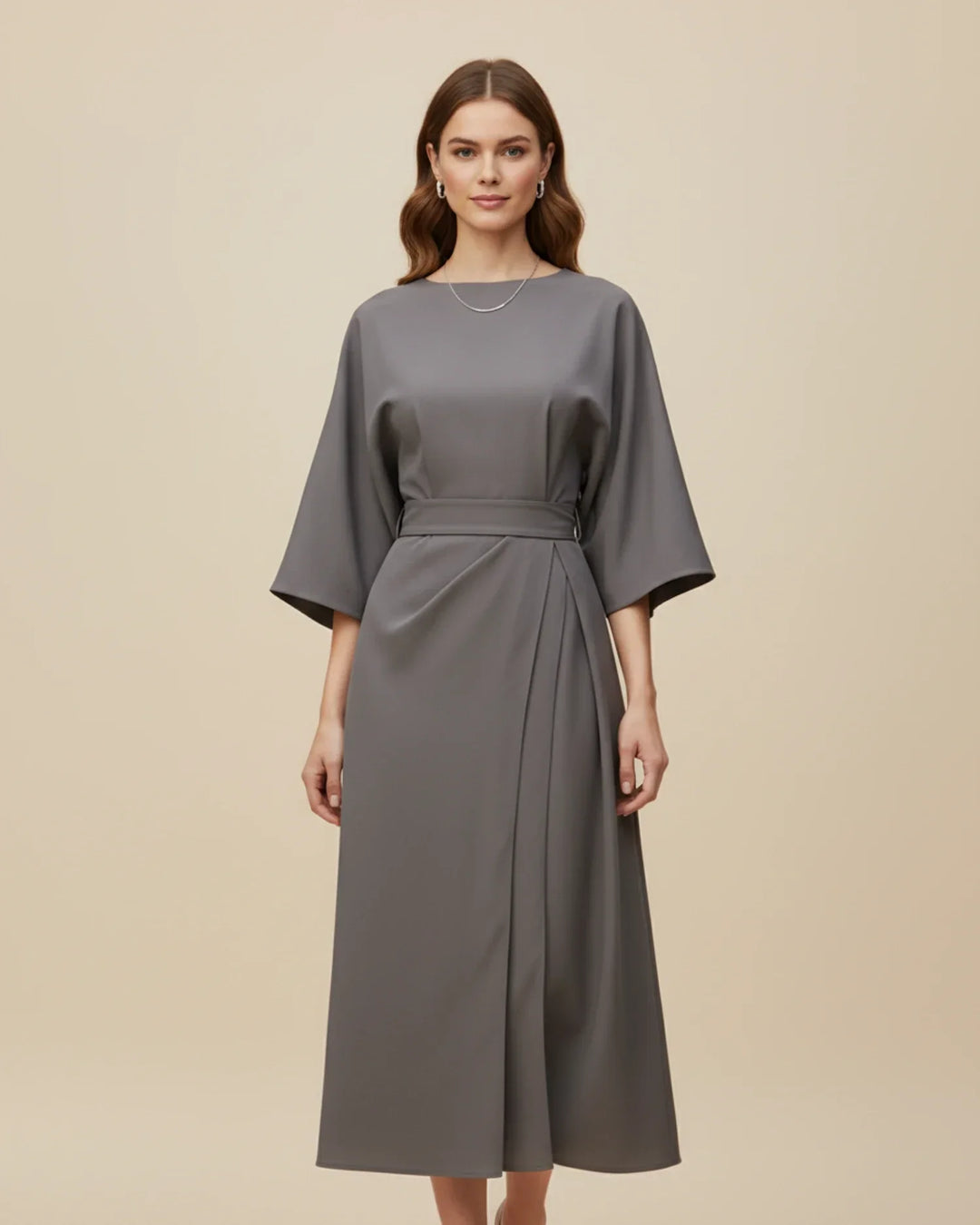 Vordaine | Women's Midi Dress Wide Sleeve Belted - Black - Image 13