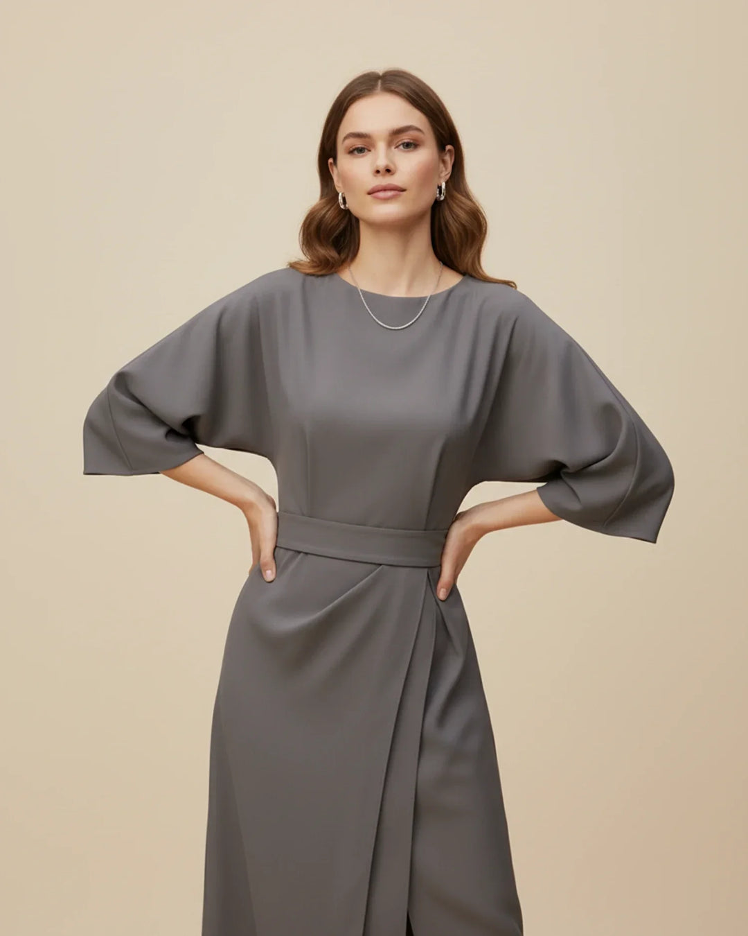 Vordaine | Women's Midi Dress Wide Sleeve Belted - Black - Image 14
