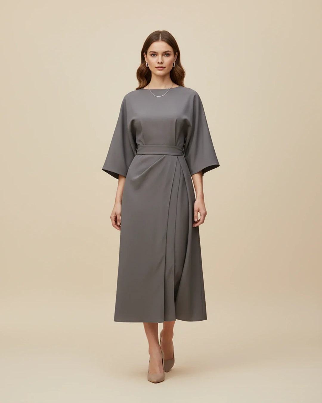 Vordaine | Women's Midi Dress Wide Sleeve Belted - Black - Image 15