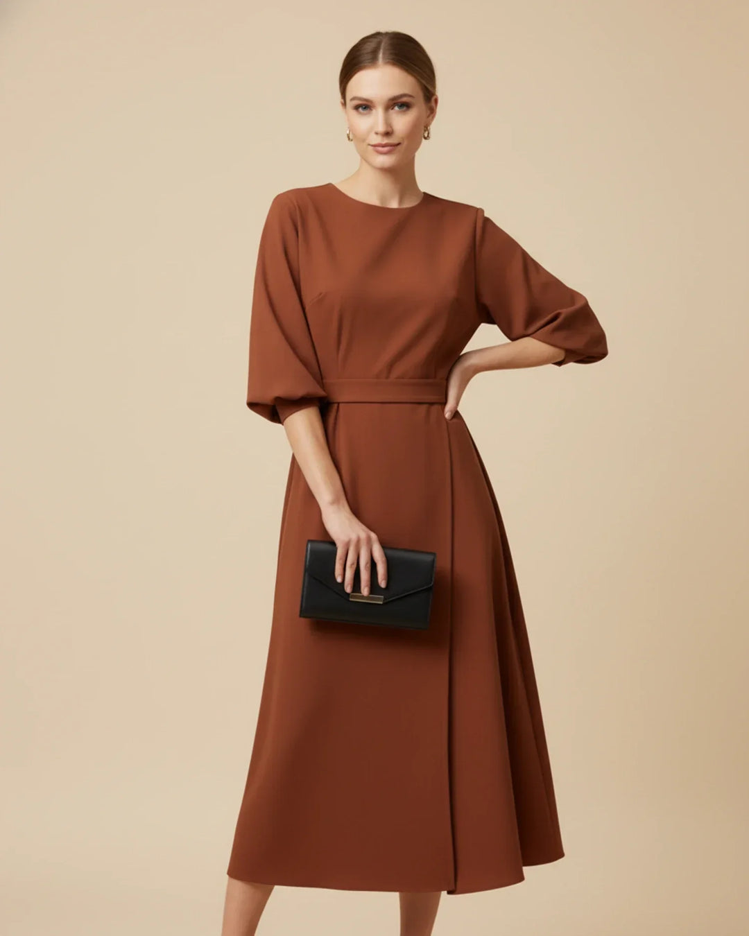 Vordaine | Women's Midi Dress Wide Sleeve Belted - Black - Image 17