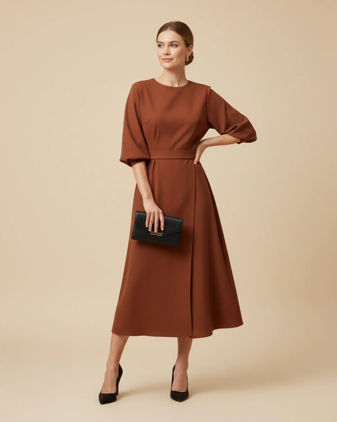 Vordaine | Women's Midi Dress Wide Sleeve Belted - Black - Image 18