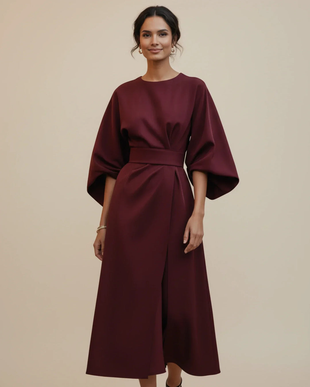 Vordaine | Women's Midi Dress Wide Sleeve Belted - Black - Image 19