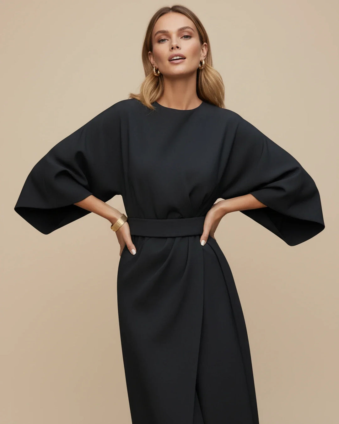 Vordaine | Women's Midi Dress Wide Sleeve Belted - Black - Image 2