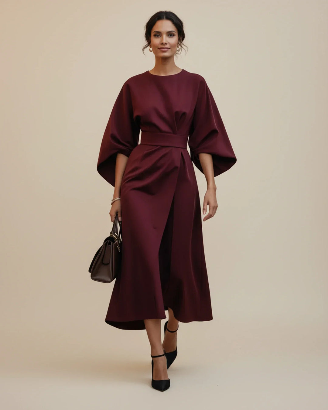 Vordaine | Women's Midi Dress Wide Sleeve Belted - Black - Image 21