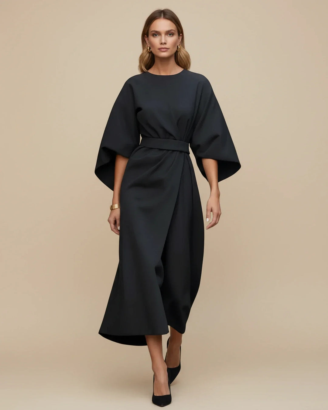 Vordaine | Women's Midi Dress Wide Sleeve Belted - Black - Image 3